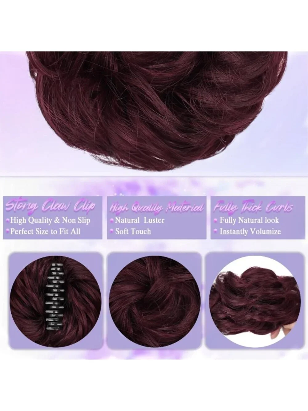 Real Human Hair Messy Bun Piece - Burgundy Curly Chignon Clip-On Updo for Women